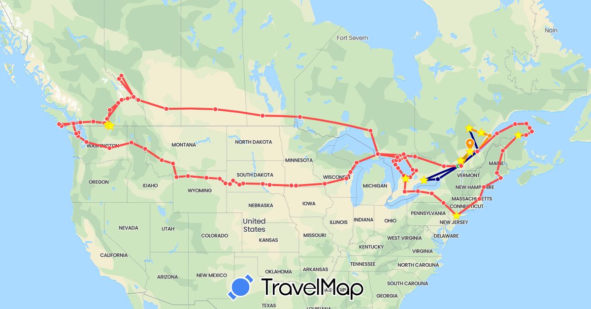 TravelMap itinerary: driving, bus, plane, hitchhiking, camper in Canada, United States (North America)